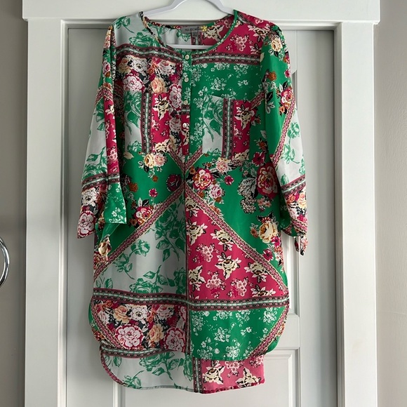 Anthropologie Figueroa & Flower Boho Tunic Pink Green White 3/4 flare Sleeves - Picture 7 of 8